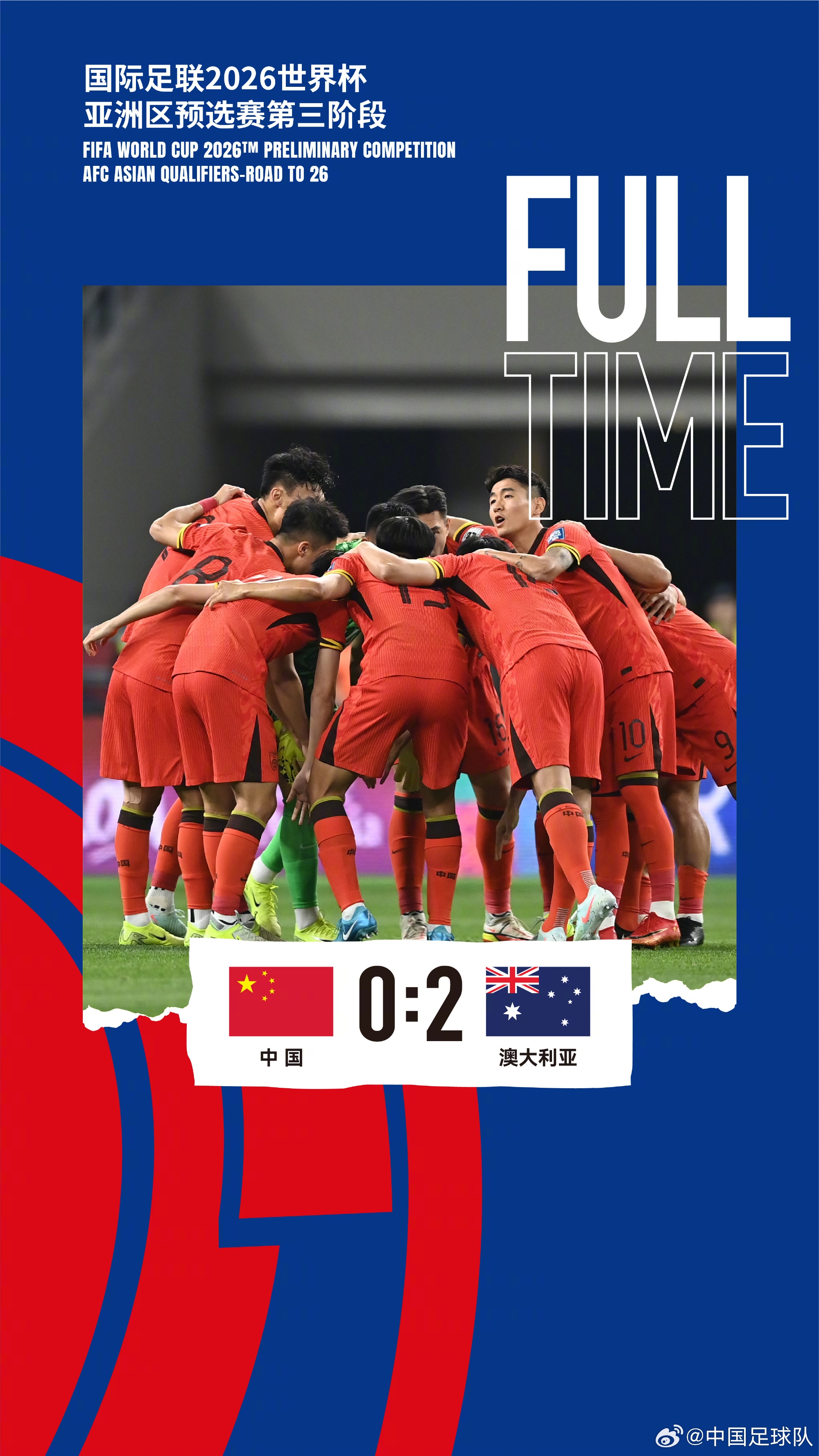 美加墨世界杯亞洲區(qū)預(yù)選賽第三階段第八輪，中國隊0-2澳大利亞隊